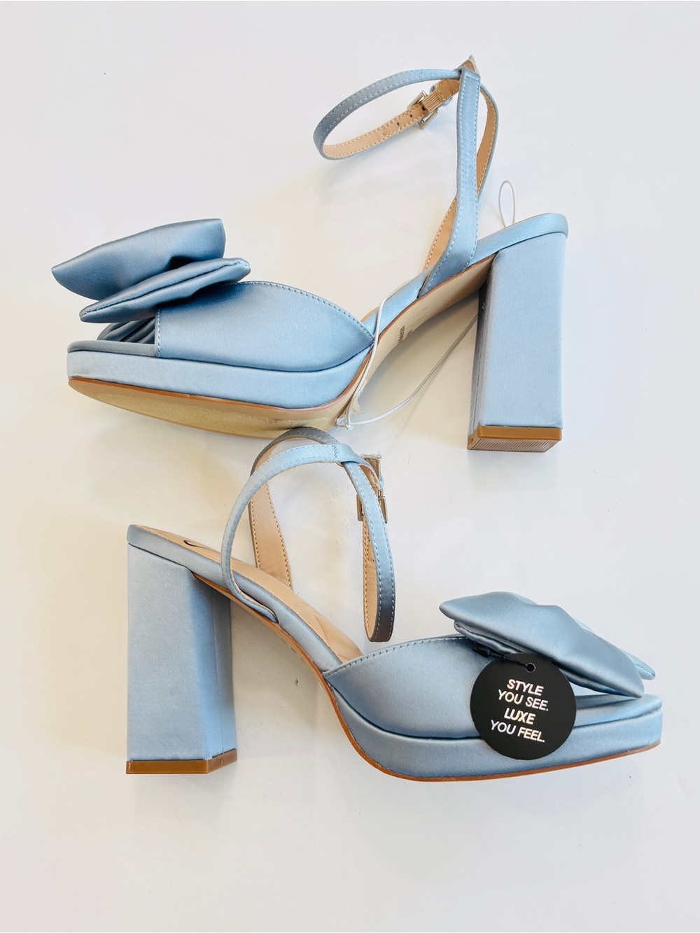 Light Blue Satin Platform Heels Bow Ankle Strap Block Heel Sandals Sz 8 - Picture 7 of 9